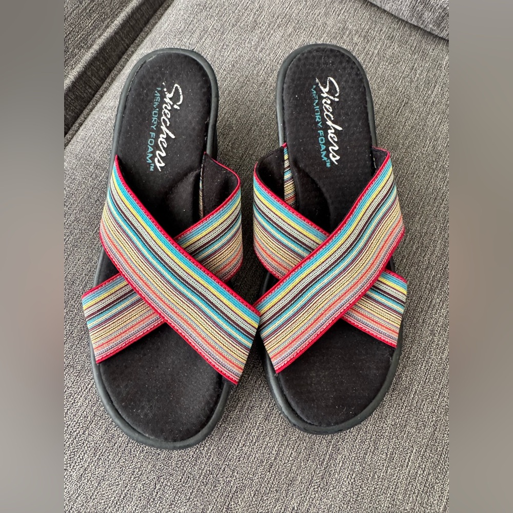 Skechers Women's memory foam Multicolor wedge Striped Sandals